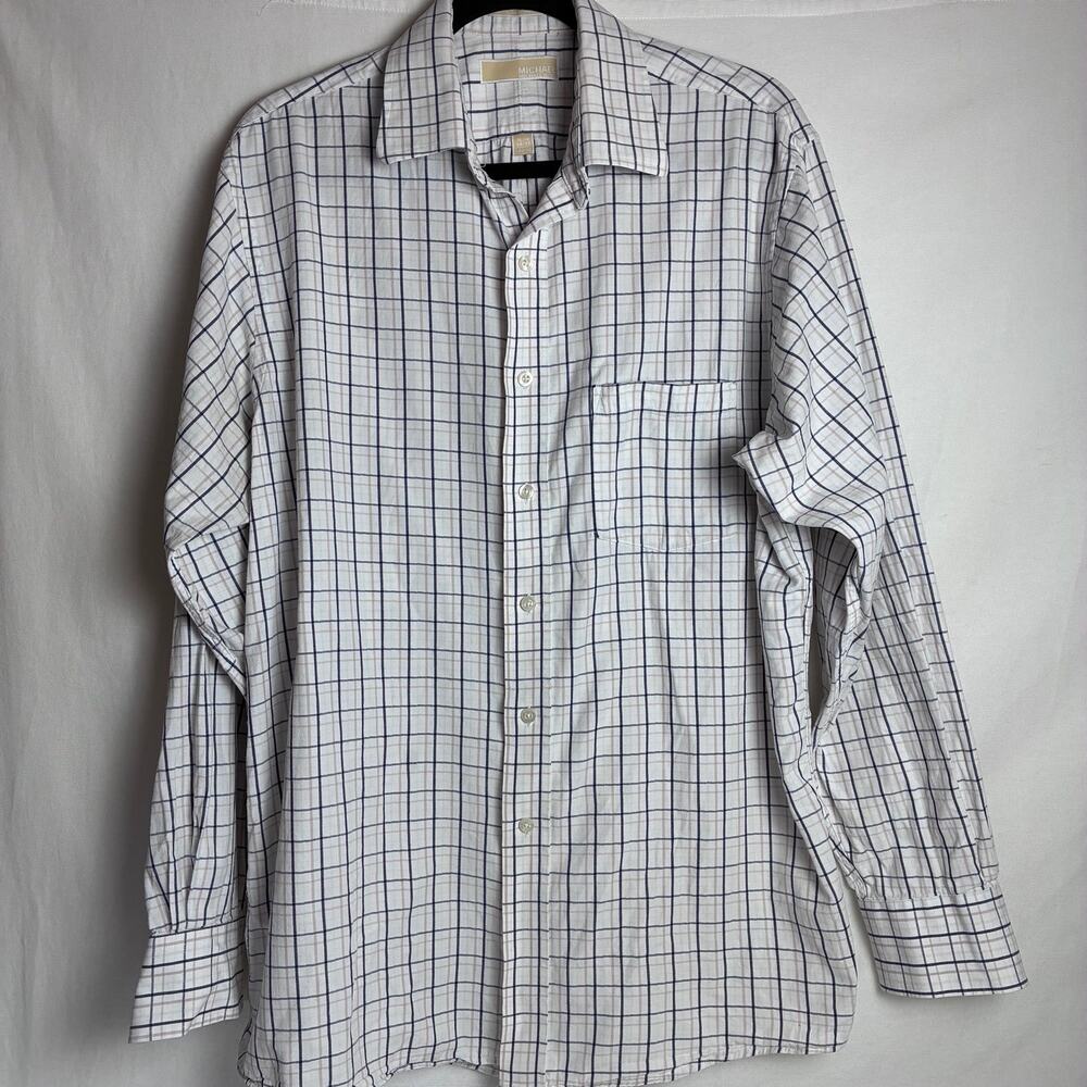 Michael Kors Mens Large White Navy Tan Plaid Button Down Shirt Long Sleeve Prep